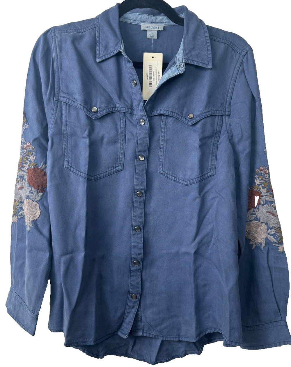 NEW Sundance S Suzette Frontier Blue Embroidered Tencel Pearl SnapShirt $138 A34
